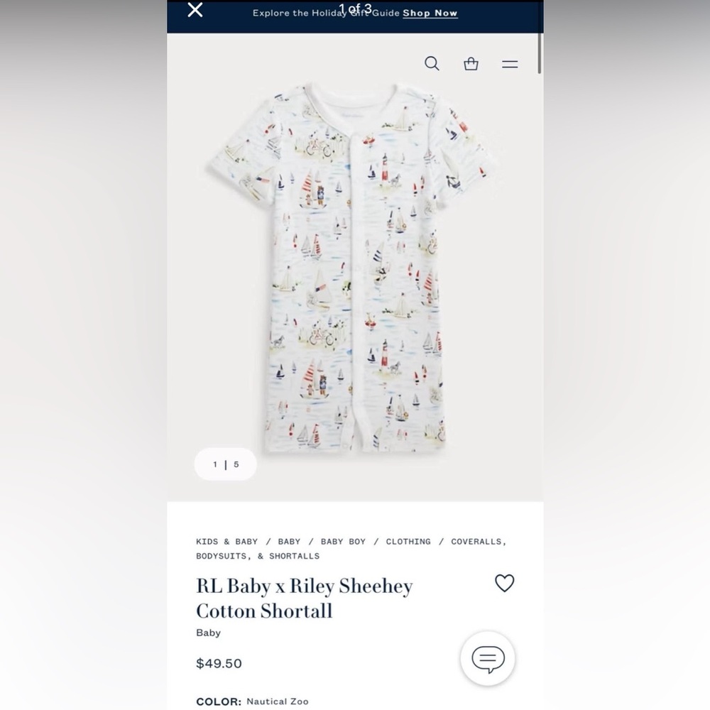 Ralph Lauren x Riley Sheehey Cotton Shortall Onesie size 9M